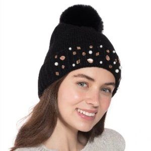 INC Black Embellished Pom Pom Beanie Cap Hat